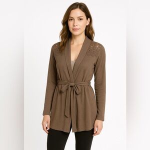 Mocha boho lace fitted belted cardi